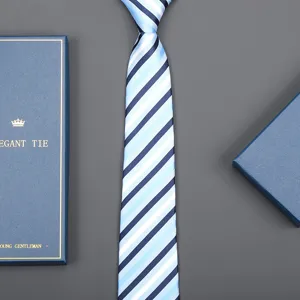 Blue striped zipper necktie for men business formal wear with elegant gift box detail view.