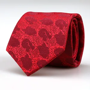 Detail close-up of red men business necktie featuring exquisite jacquard floral texture.