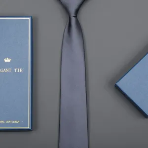 Classic dark grey silk tie with elegant blue gift box packaging for business formal wear men.
