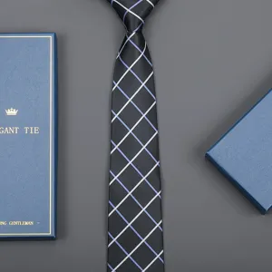 Blue and black plaid necktie detailed view, elegant business formal tie with box.