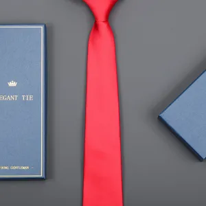 Red silk tie with blue gift box detail view, elegant business formal necktie accessory.