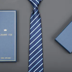 Men's blue striped business formal necktie with elegant gift box, perfect for weddings.