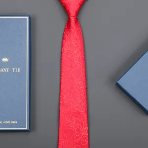Red patterned formal necktie with gift box, perfect for business and wedding wear.
