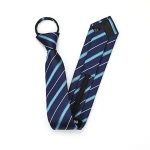 Blue striped pre-tied zip necktie, narrow design for business suit and formal daily wear.
