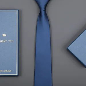 Elegant blue silk necktie with matching gift box, perfect for business formal wear and weddings.