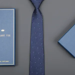 Classic blue business necktie with delicate pattern and luxury gift box, detail view.
