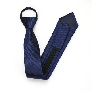 Blue striped zipper necktie for men and women, pre-tied narrow 6cm formal business tie.