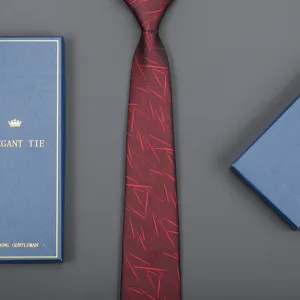 Red business tie with gift box, elegant geometric pattern for men wedding formal wear detail view.