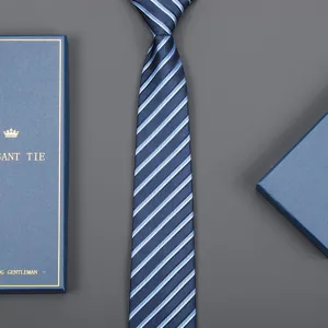Detailed close-up of blue striped necktie with gift box, premium fabric and professional design.