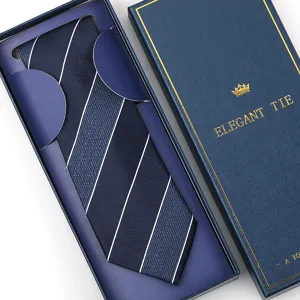 Dark blue striped men's necktie presented in an elegant gift box packaging detail view