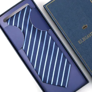 Men's formal striped necktie in elegant blue gift box, perfect for business and weddings.