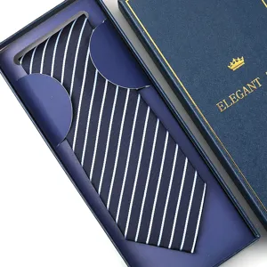 Classic navy blue men's formal business necktie featuring elegant white vertical stripe patterns.