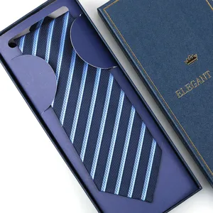 Blue striped men's formal necktie presented in an elegant gift box, perfect for business wear.