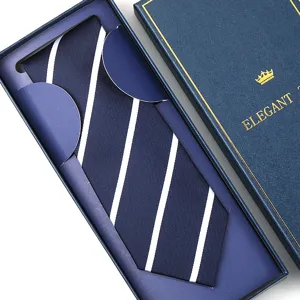 Men's navy blue striped formal wedding necktie with luxury gift box packaging detail.