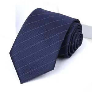 Classic navy blue men's necktie featuring fine diagonal white stripes for formal business wear.
