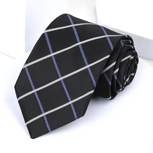 Close-up detail of black men's formal business tie with classic blue white grid pattern.