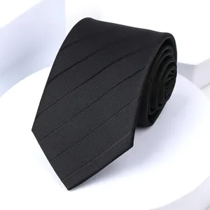 Classic black striped necktie for men, formal business suit accessory, elegant style detail view
