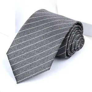 Close-up detail of grey striped necktie fabric texture and fine white line pattern design.