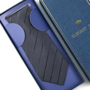 Classic dark blue striped men's necktie with elegant gift box for business and wedding events.