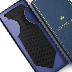 Men's black striped formal tie packaged in a luxury blue gift box for wedding and business.