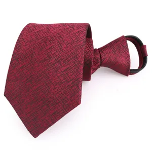 Wine red zipper tie for men, business formal wedding necktie with black textured pattern.