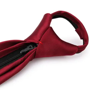 Men wine red zipper tie detail close up, formal business wedding narrow necktie design.