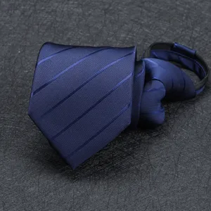 Detailed view of the dark blue men's pre-tied zipper necktie, featuring a classic diagonal stripe.
