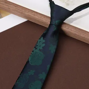 Men's dark blue green floral jacquard zipper necktie detail, business formal wear tie.