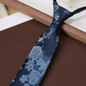 Men's Business Zipper Tie Navy Blue Floral Print Pre-tied Necktie Elegant Formalwear