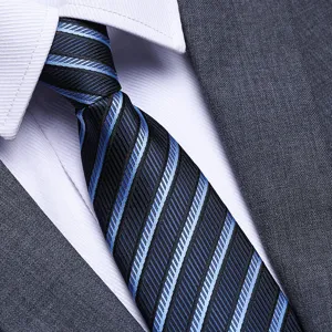 Men's business blue striped necktie detail shot, premium fabric for formal suit wedding wear.