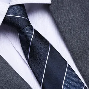 Men's business blue striped necktie detail shot, professional formal suit dress matching accessory.