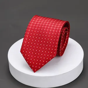 Red checkered tie detail close-up, elegant pattern fabric display on white pedestal.