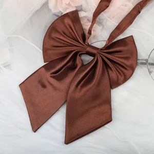Brown satin JK uniform bow tie detail, elegant ribbon accessory texture close up display