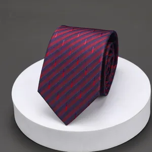 Detailed view of a classic blue and red striped men's business necktie with neat fabric texture.