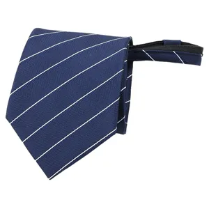 Men's navy blue zipper necktie with white diagonal stripes for business formal wear.