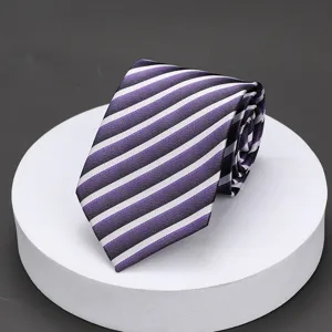 Men's purple striped tie detail view, classic business formal necktie for office and weddings.