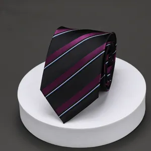 Close-up detail view of the elegant black and purple striped necktie displayed neatly.