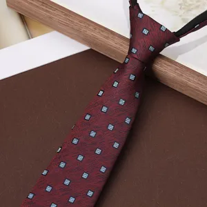 Detailed view of the dark red zipper tie featuring a classic blue geometric square pattern.