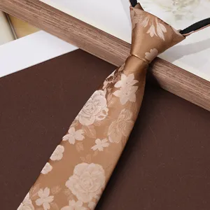 Brown floral zipper necktie for men business formal wear wedding groom pre-tied tie detail
