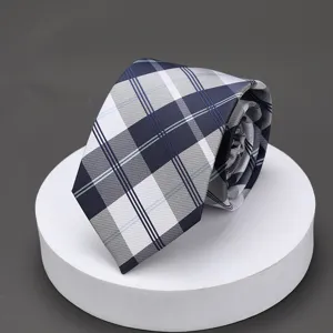 Detailed shot of a classic navy blue and white plaid necktie, perfect for business formal wear.