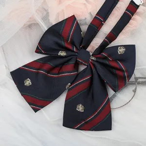 JK school style bow tie collar accessory with blue red green stripes and embroidery crest detail