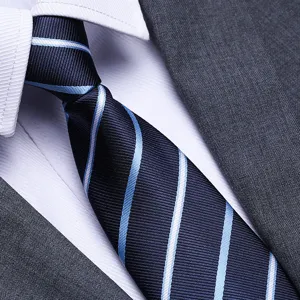 Close-up detail of a classic blue striped business tie paired with a crisp white shirt and suit.