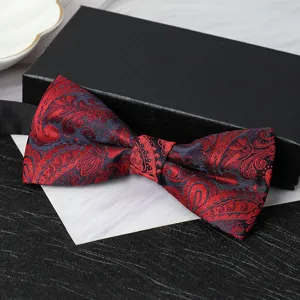 Men's double layer red paisley bow tie detailed product shot, ideal for formal wedding suits.