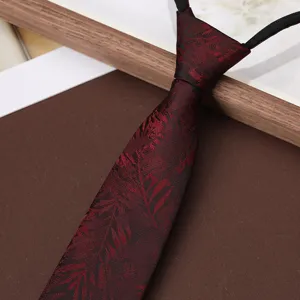 Men's zipper tie business formal wear dark red patterned pre-tied necktie for wedding.