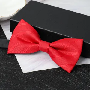Red double layer bow tie detail shot showcasing exquisite woven fabric texture for men formal wear.
