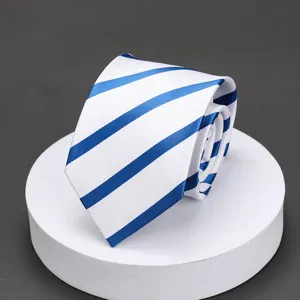 Men's blue and white striped business formal necktie, elegant classic width office suit tie.