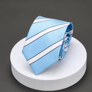Close-up detail view of the classic light blue and white striped men formal necktie texture.
