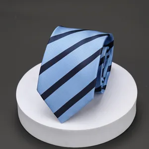 Blue striped men's business formal necktie detail view, premium fabric classic tie design.