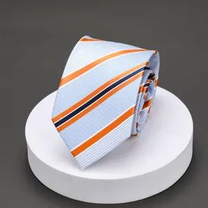 Classic men's blue striped tie with orange accents, ideal for business formal and wedding wear.