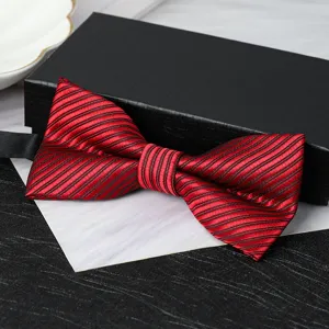 Close-up detail of the elegant red and black striped bow tie, perfect for formal wear.
